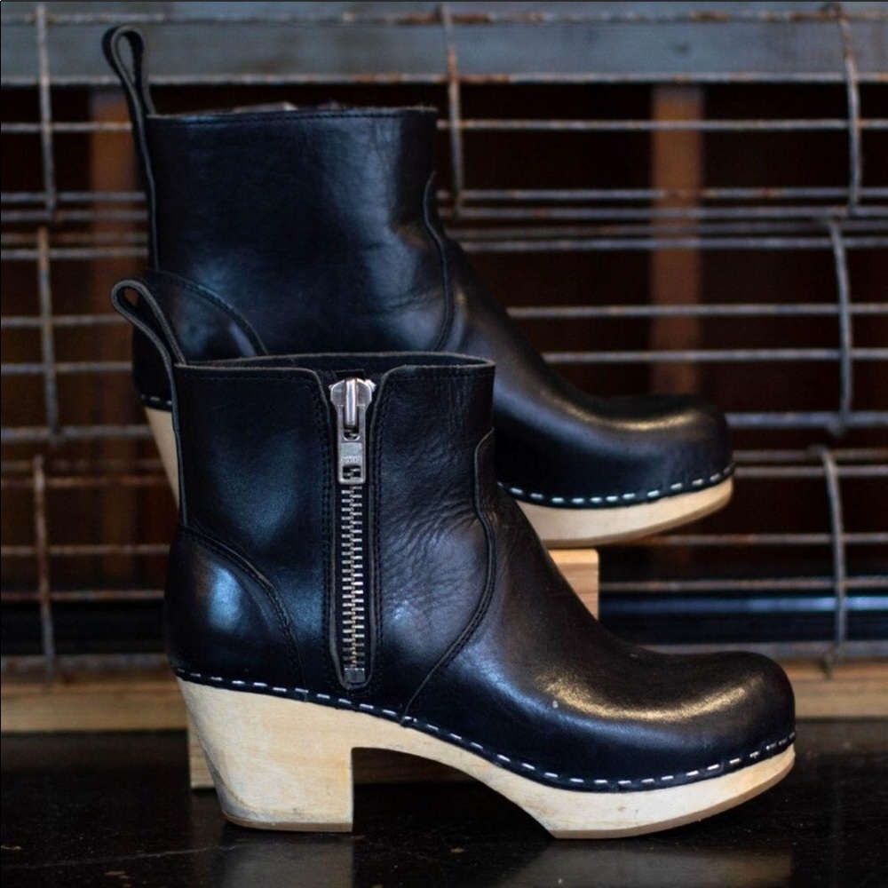 Swedish Hasbeens black ankle zip booties